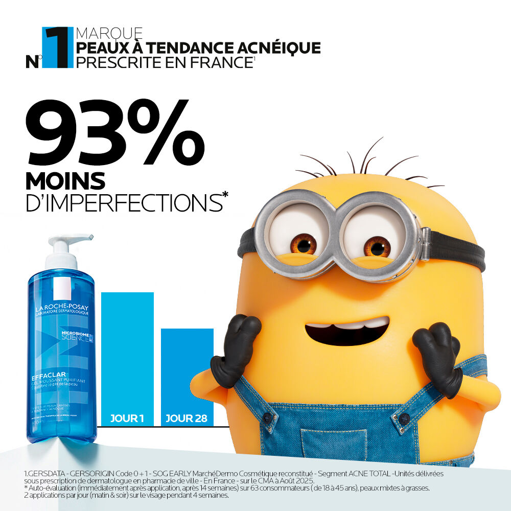 La Roche-Posay Effaclar, pump bottle and a Minion with a bar chart in French