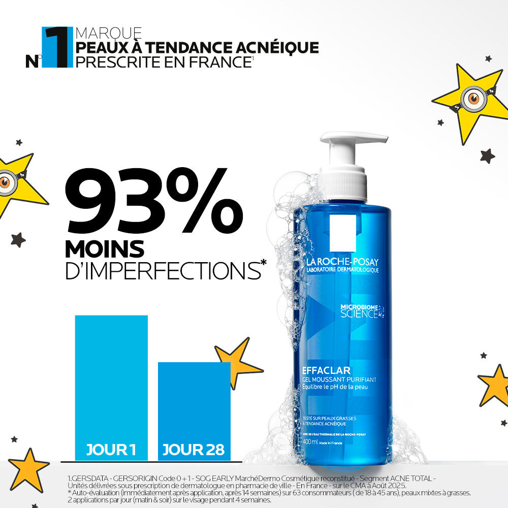 La Roche-Posay Effaclar, pump bottle in foam beside a bar chart in French