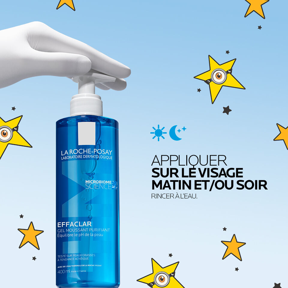 La Roche-Posay Effaclar, gloved hand pressing the pump with directions in French