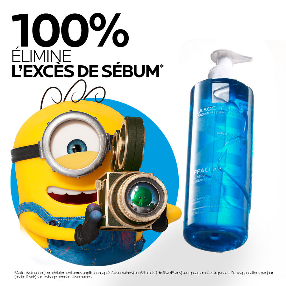 La Roche-Posay Effaclar, pump bottle beside a Minion holding a camera