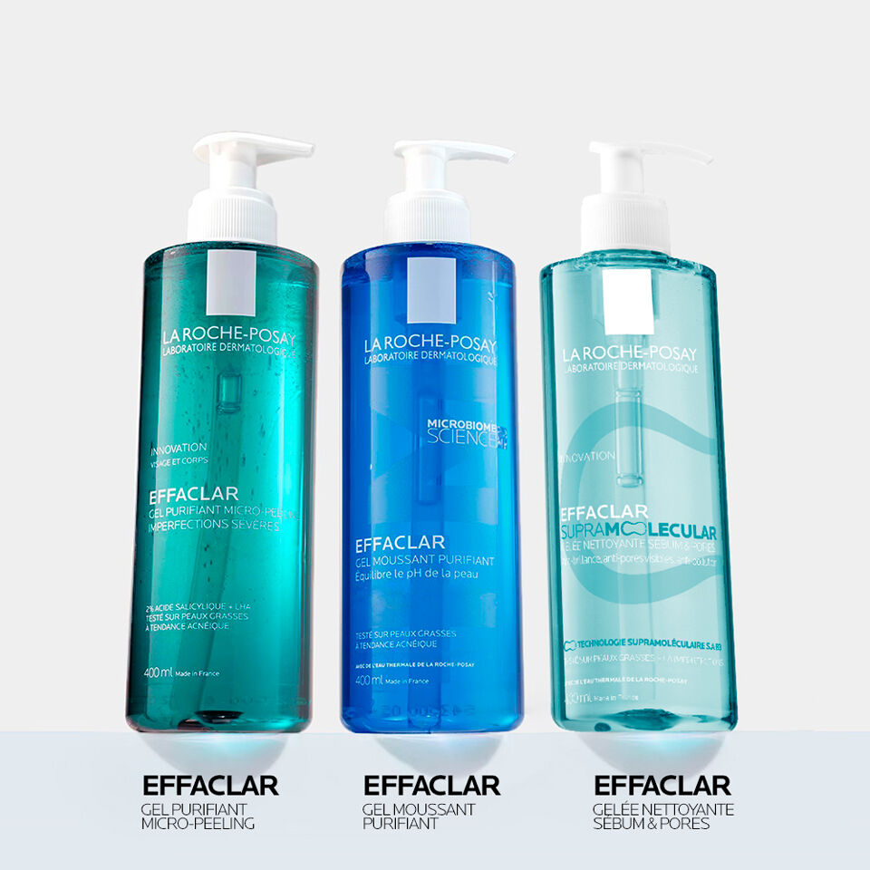 La Roche-Posay Effaclar, range of three cleansing gels side by side