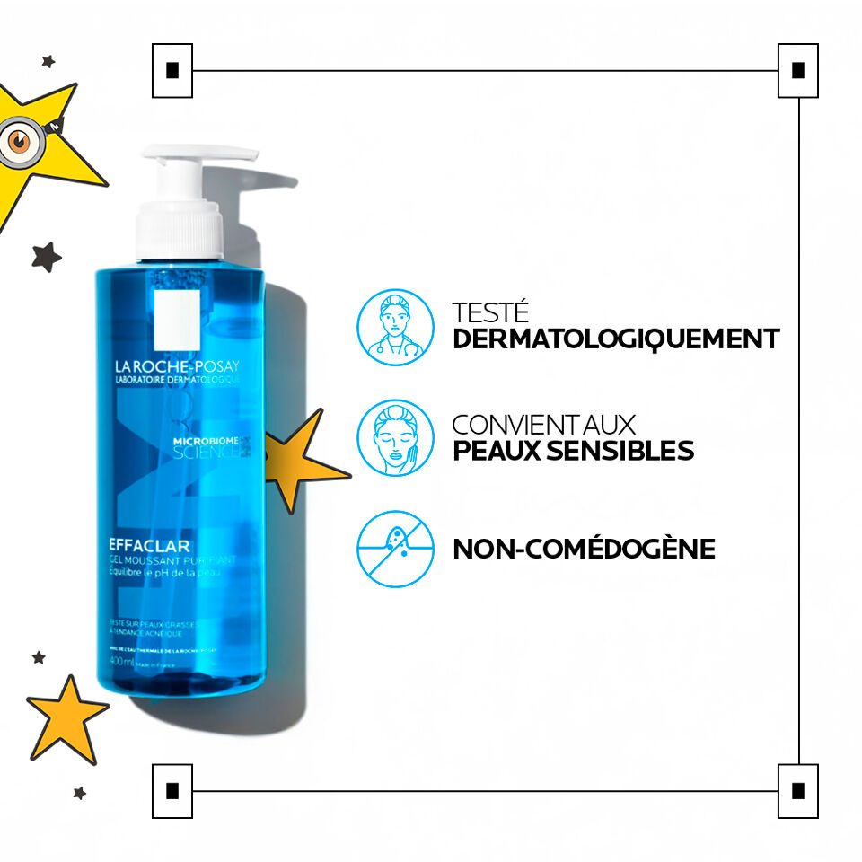 La Roche-Posay Effaclar, pump bottle with three feature icons in French
