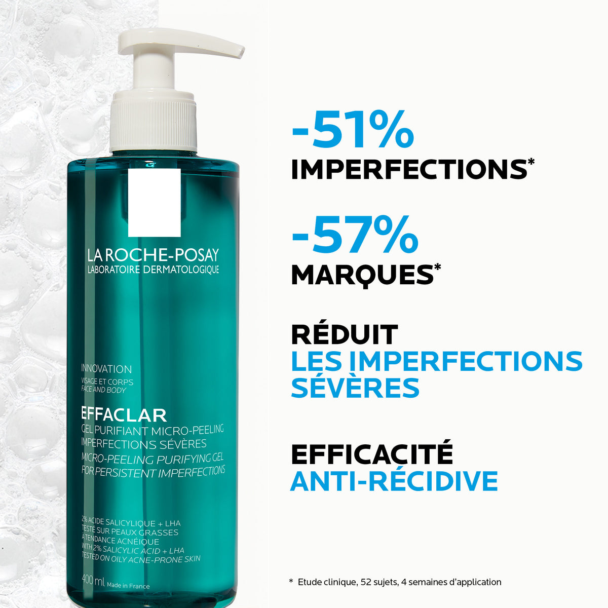 La Roche-Posay Effaclar, pump bottle with study results in French