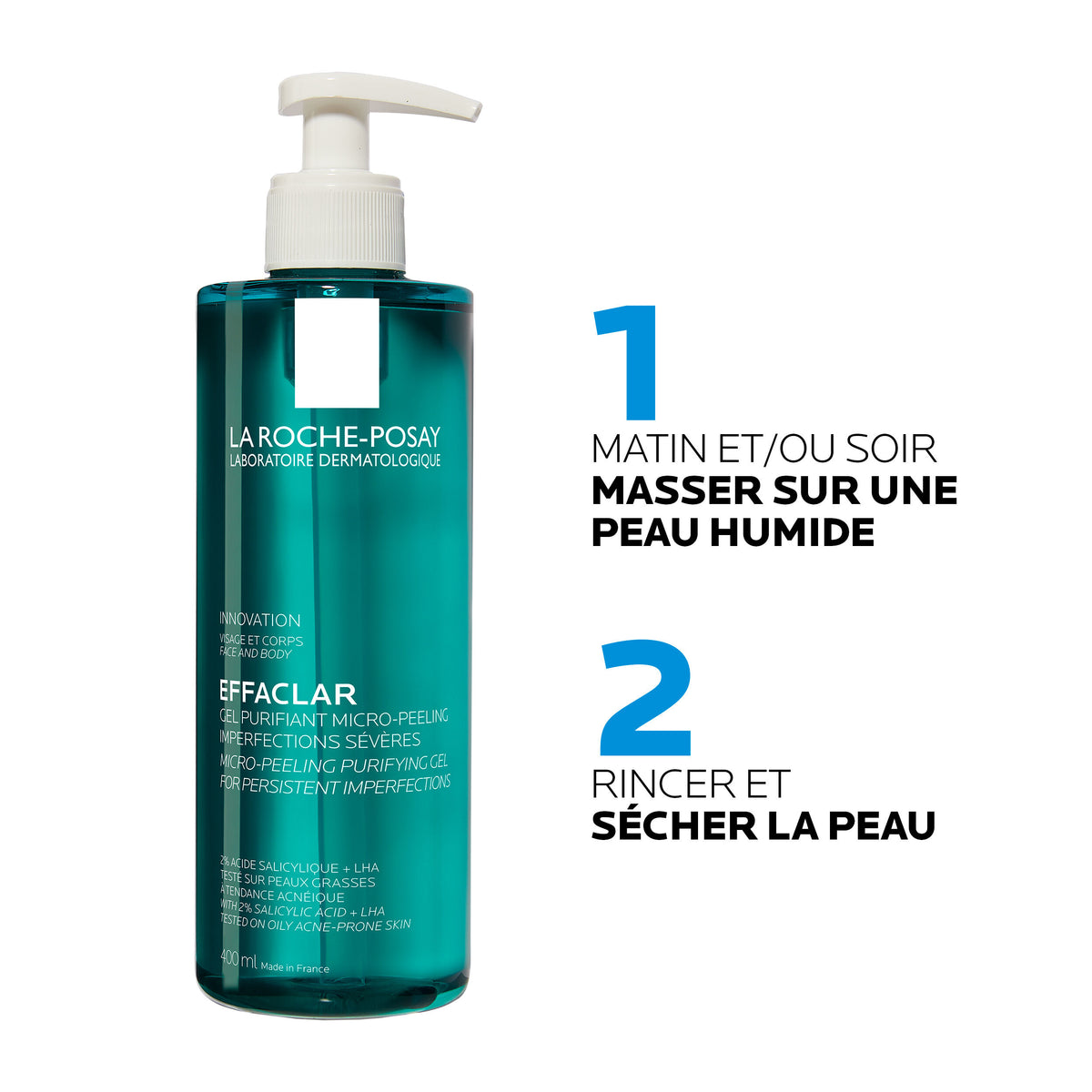 La Roche-Posay Effaclar, pump bottle with two-step directions in French