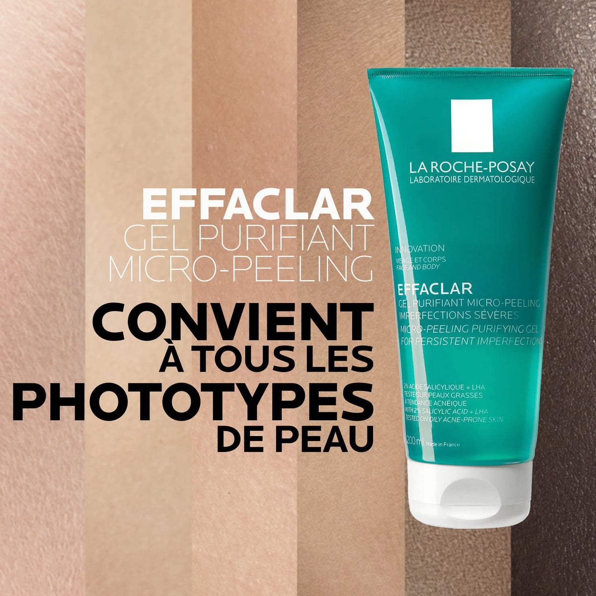 La Roche-Posay Effaclar, tube over a band of skin tones