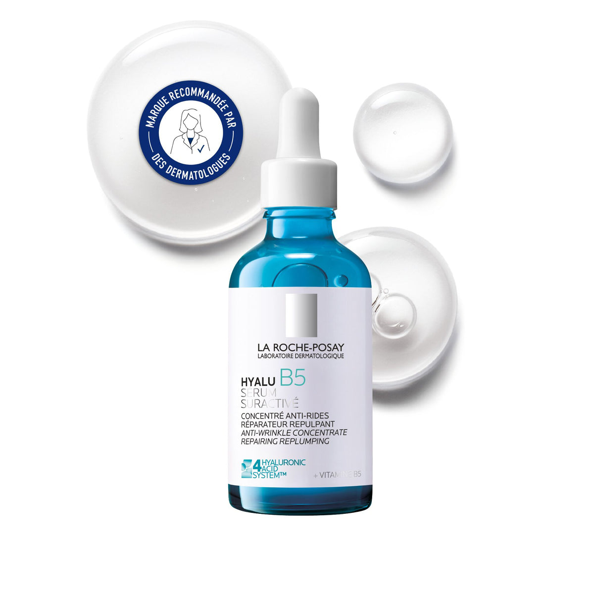 La Roche-Posay Hyalu B5, glass bottle among serum drops with a badge in French