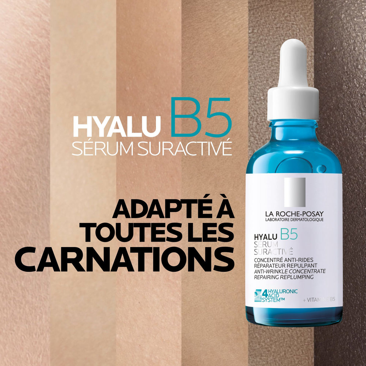 La Roche-Posay Hyalu B5, glass bottle over a band of skin tones