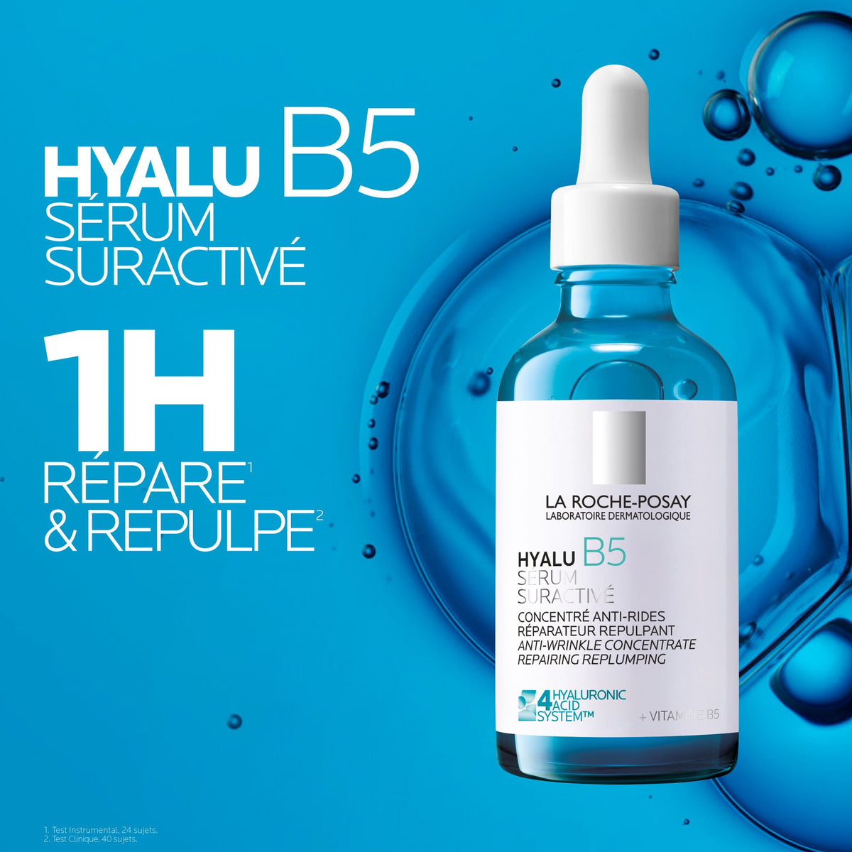 La Roche-Posay Hyalu B5, glass bottle among bubbles with a headline in French