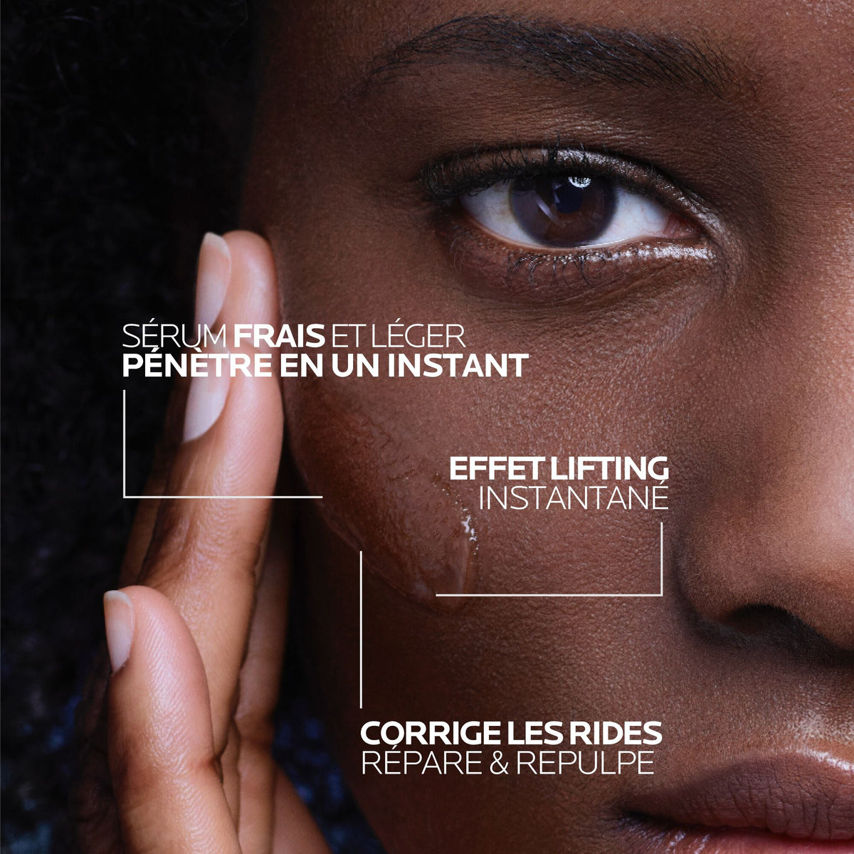 La Roche-Posay Hyalu B5, close-up of a woman's face with callouts in French