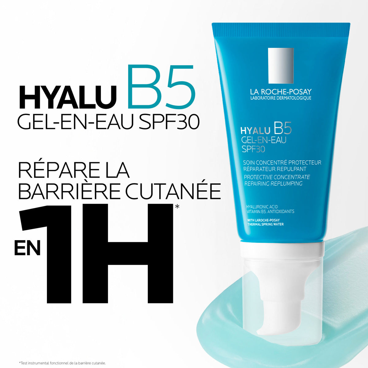 La Roche-Posay Hyalu B5, tube and gel swatch with a headline in French