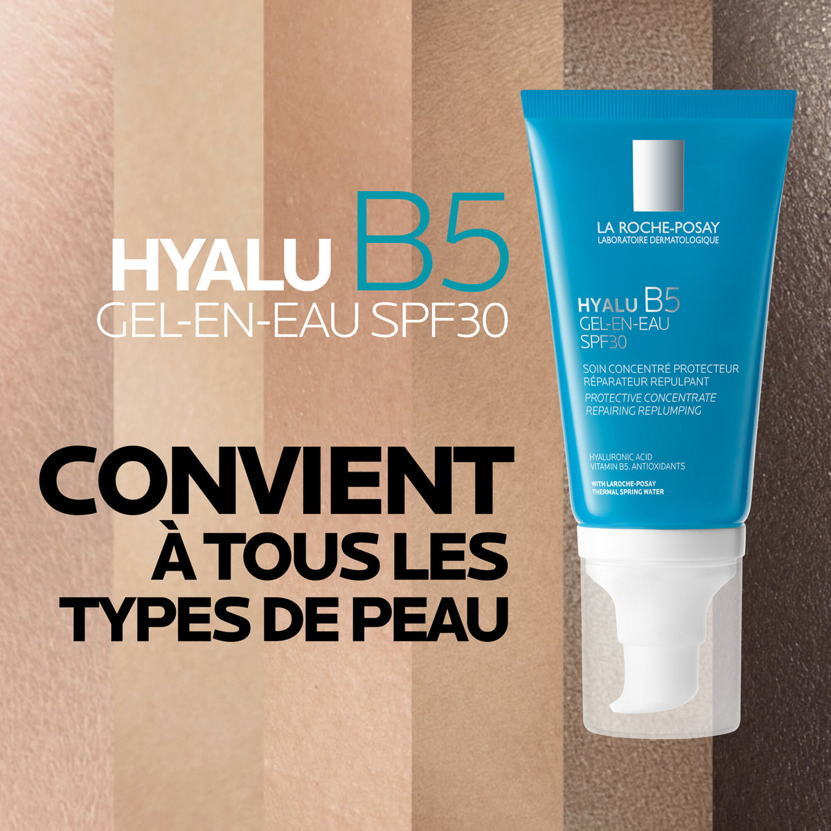 La Roche-Posay Hyalu B5, tube over a band of skin tones