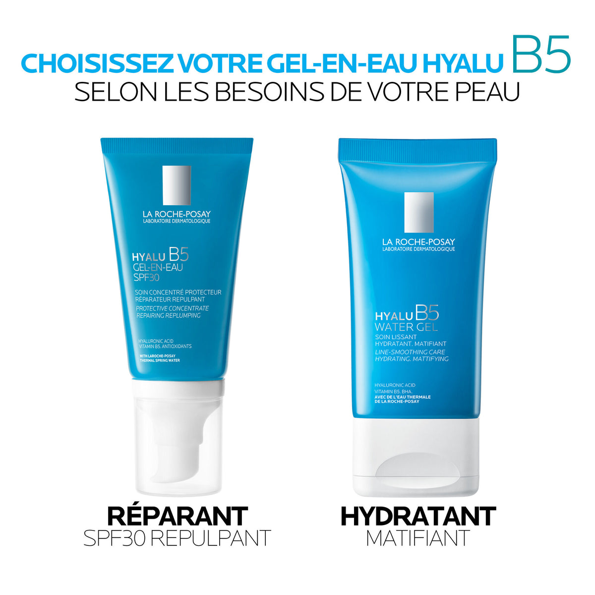 La Roche-Posay Hyalu B5, SPF 30 aquagel and water gel side by side