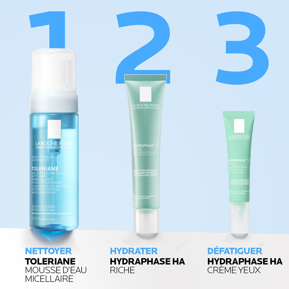 La Roche-Posay Hydraphase HA, three-step routine with Toleriane foam, the cream and eye cream
