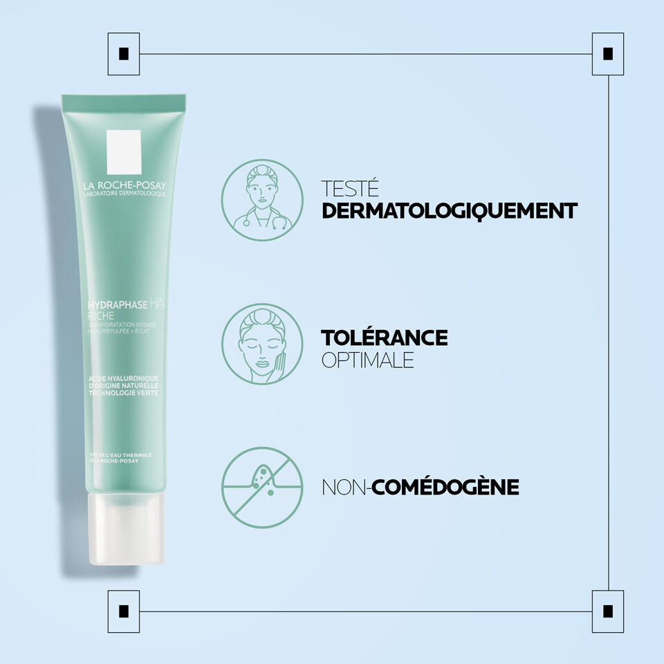 La Roche-Posay Hydraphase HA, tube with three feature icons
