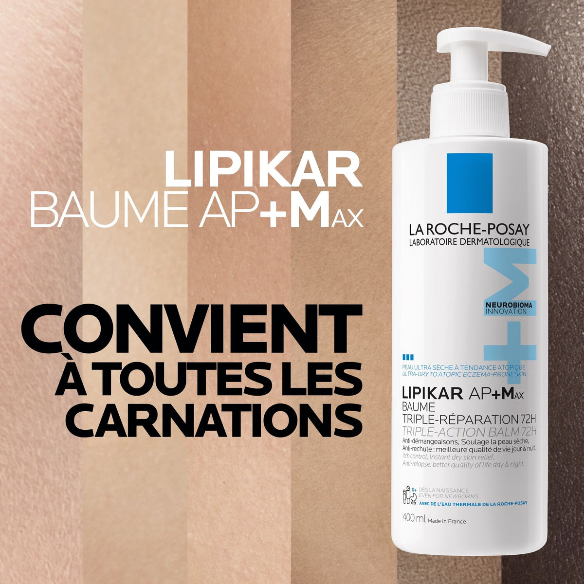 La Roche-Posay Lipikar, pump bottle over a band of skin tones