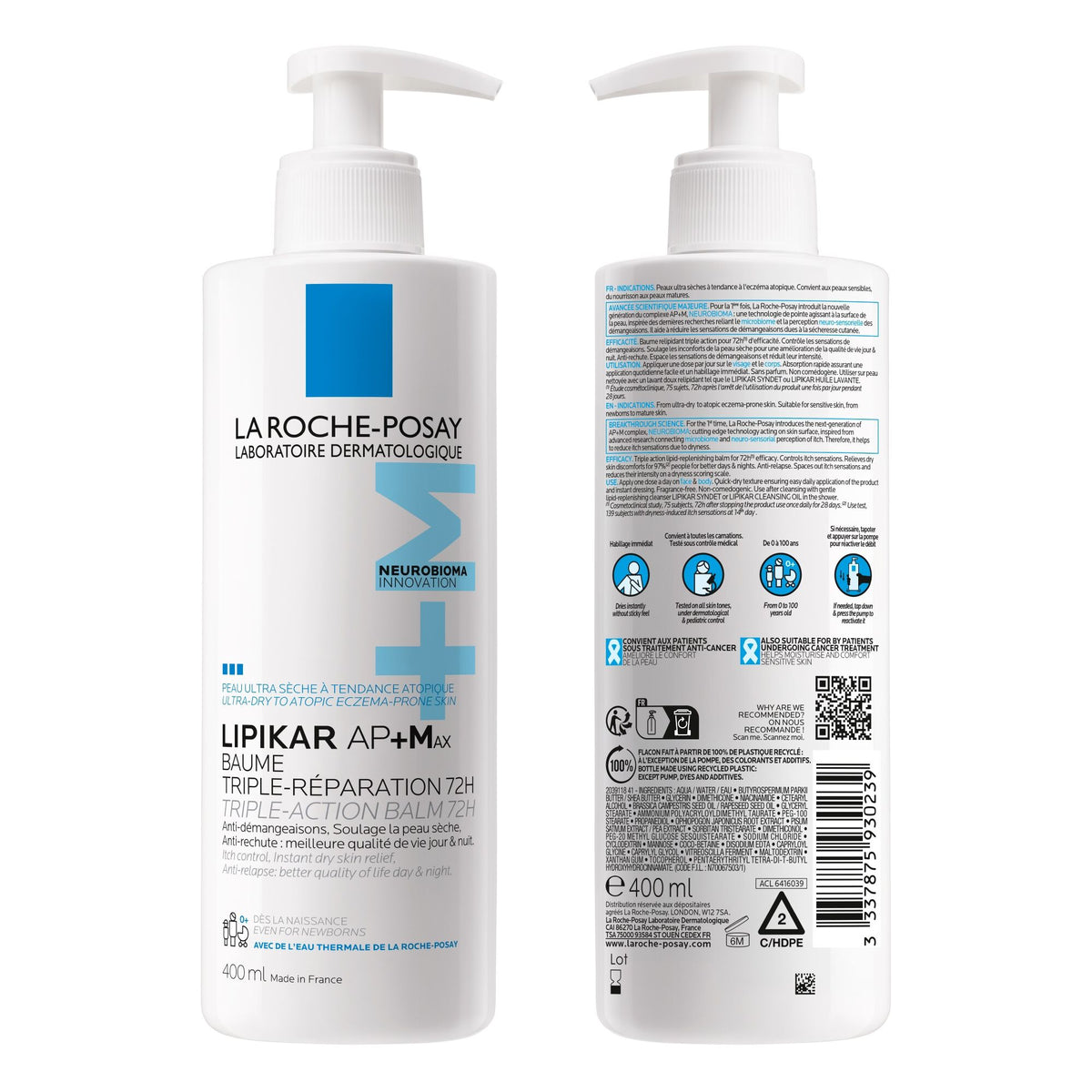 La Roche-Posay Lipikar 400ml, front and back of the pump bottle with directions