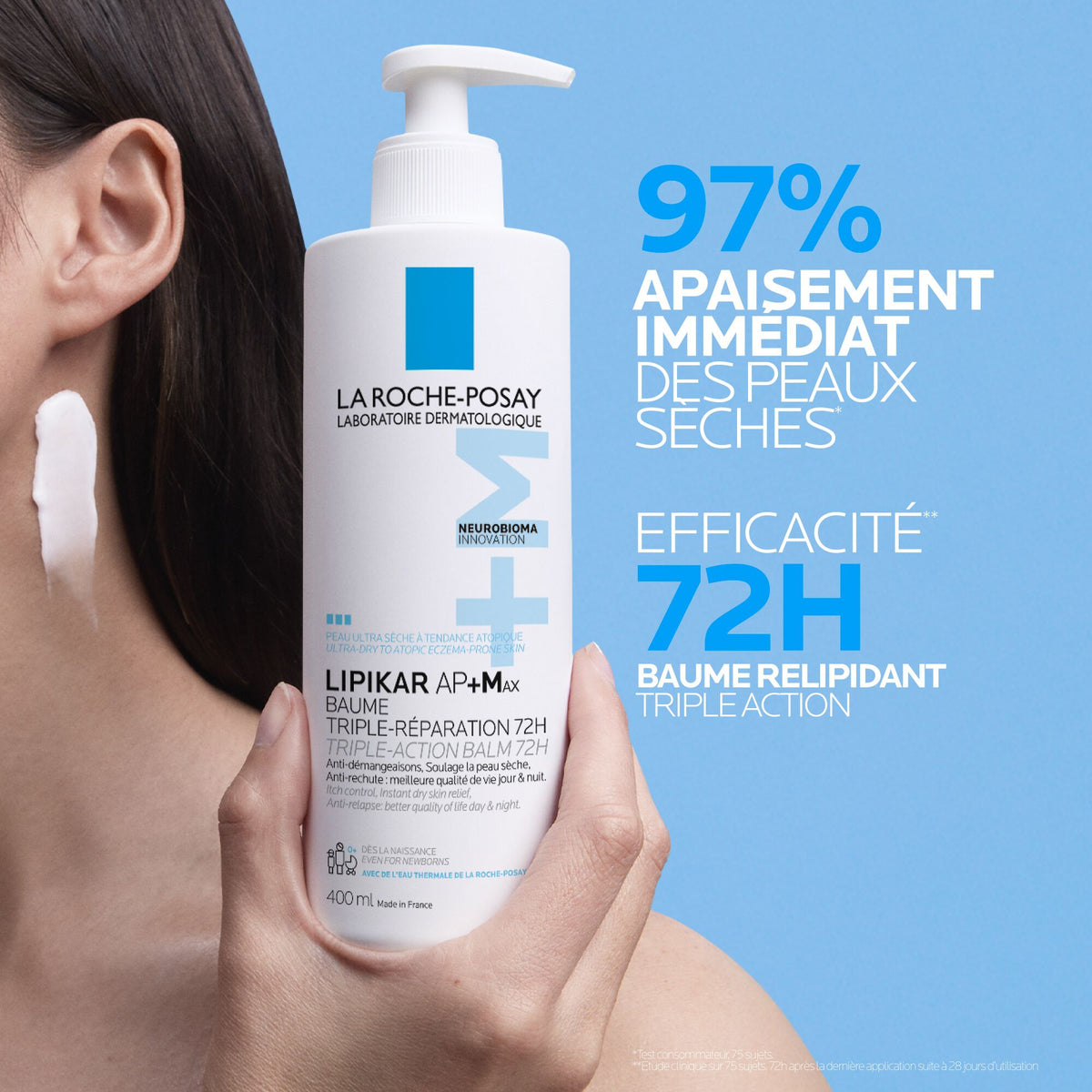 La Roche-Posay Lipikar, woman holding the pump bottle with study results in French