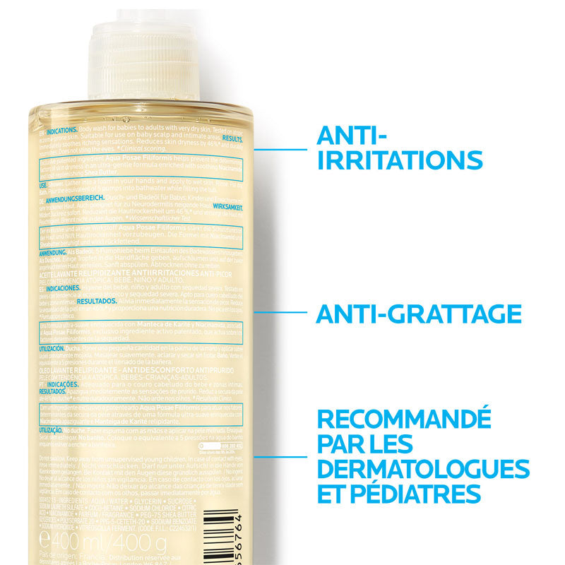 La Roche-Posay Lipikar, back of the pump bottle with three callouts in French