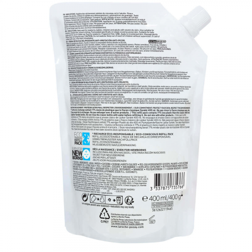La Roche-Posay Lipikar Syndet AP+ Wash Cream 400ml Eco Refill, ingredient panel