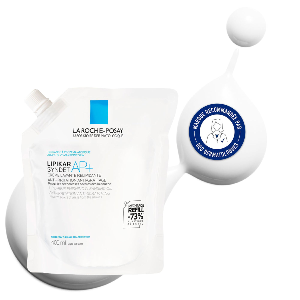 La Roche-Posay Lipikar, refill pouch and cream swatch with a badge in French