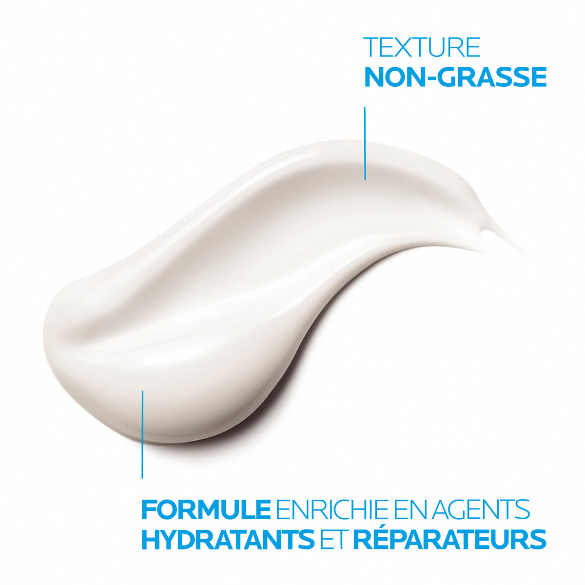 La Roche-Posay Lipikar Xerand, cream texture swatch with callouts in French