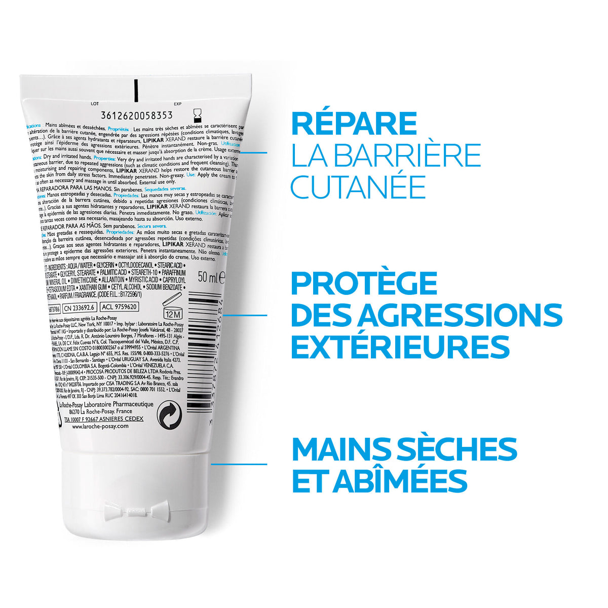 La Roche-Posay Lipikar Xerand, back of the tube with three callouts in French