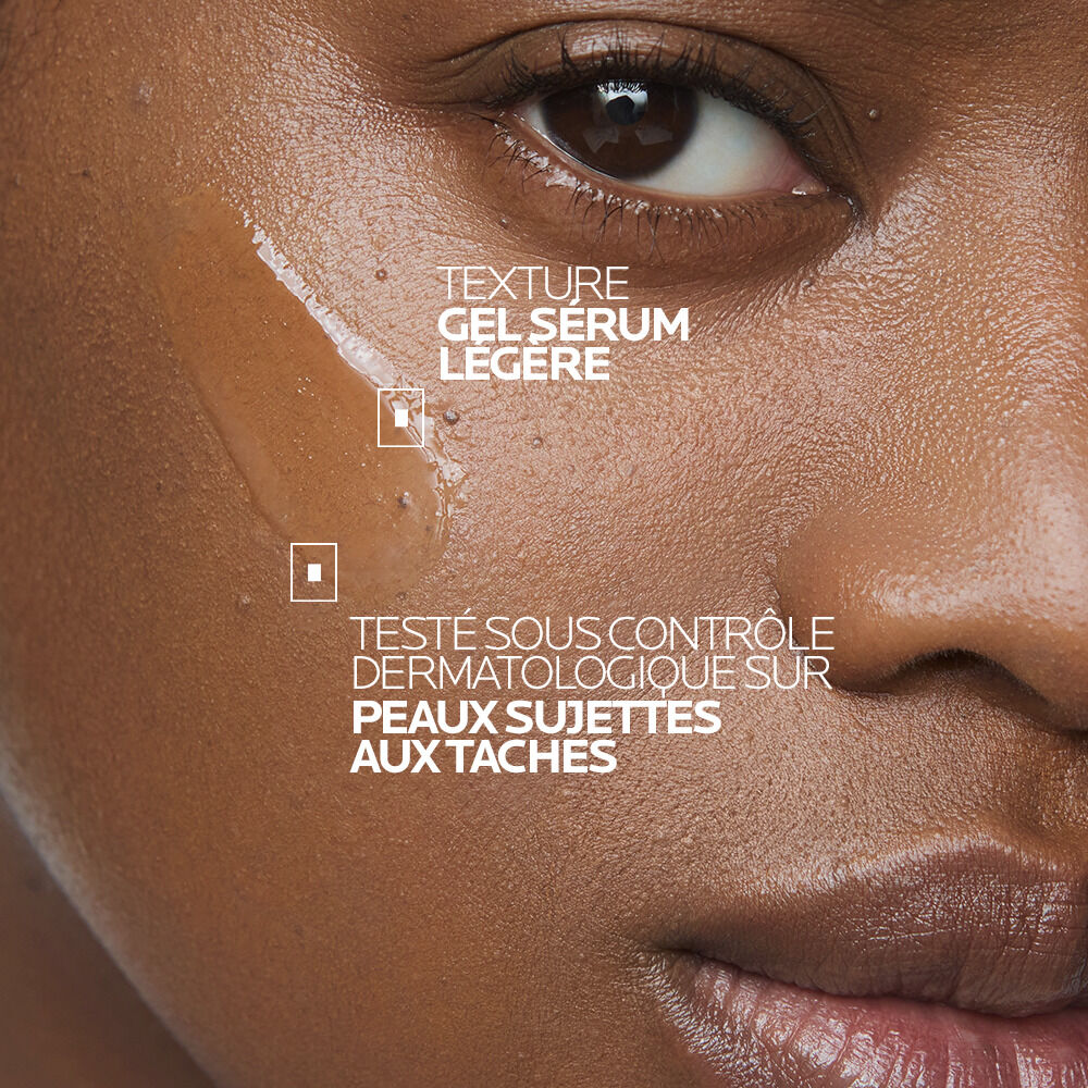 La Roche-Posay Mela B3, close-up of a woman's face with serum and callouts in French