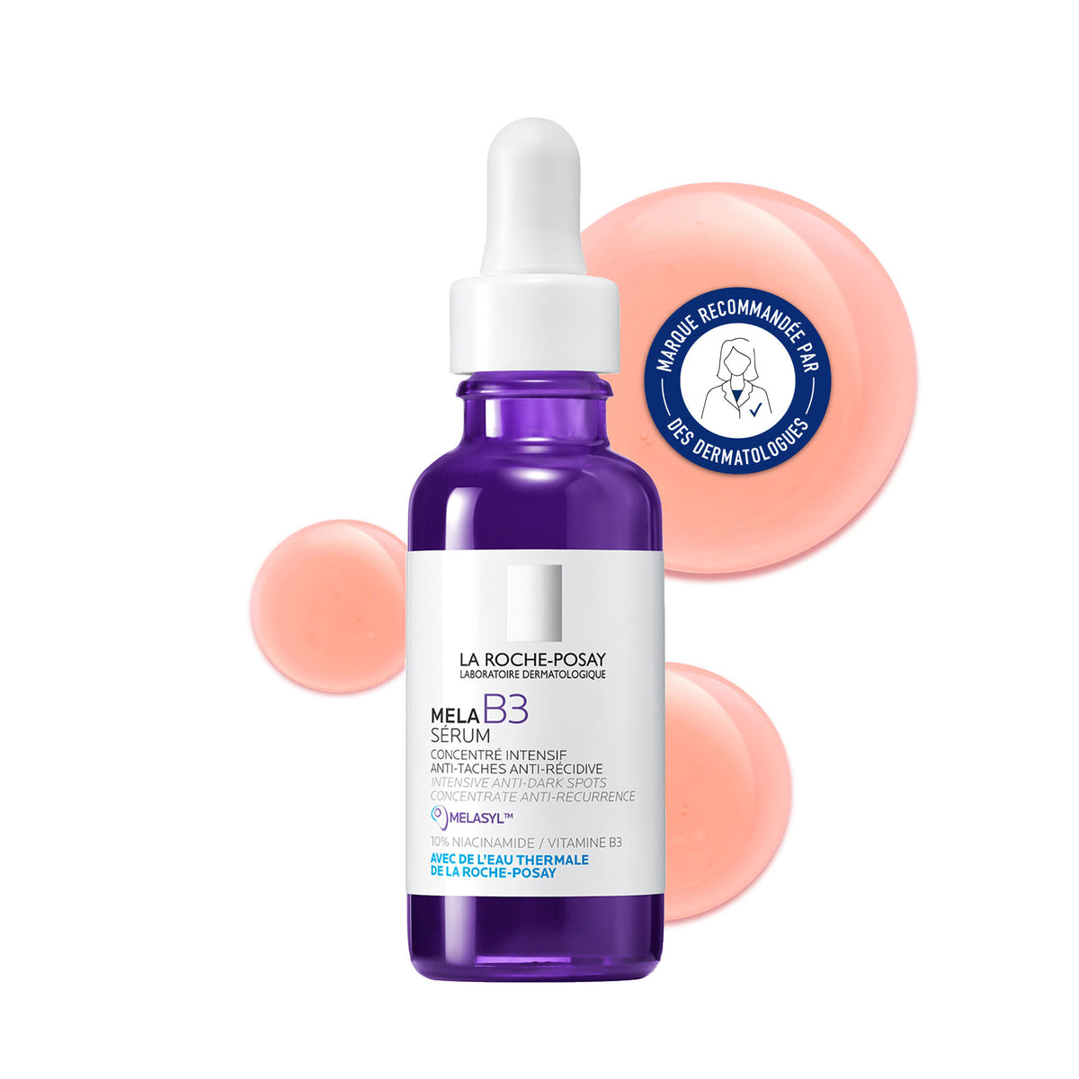 La Roche-Posay Mela B3, glass bottle among serum drops with a badge in French