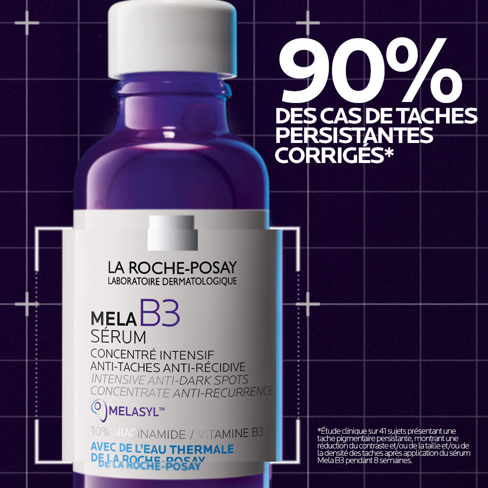 La Roche-Posay Mela B3, close-up of the glass bottle with a study result in French