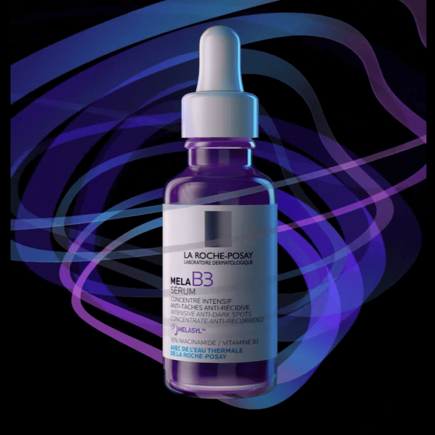 La Roche-Posay Mela B3, glass bottle amid purple light swirls