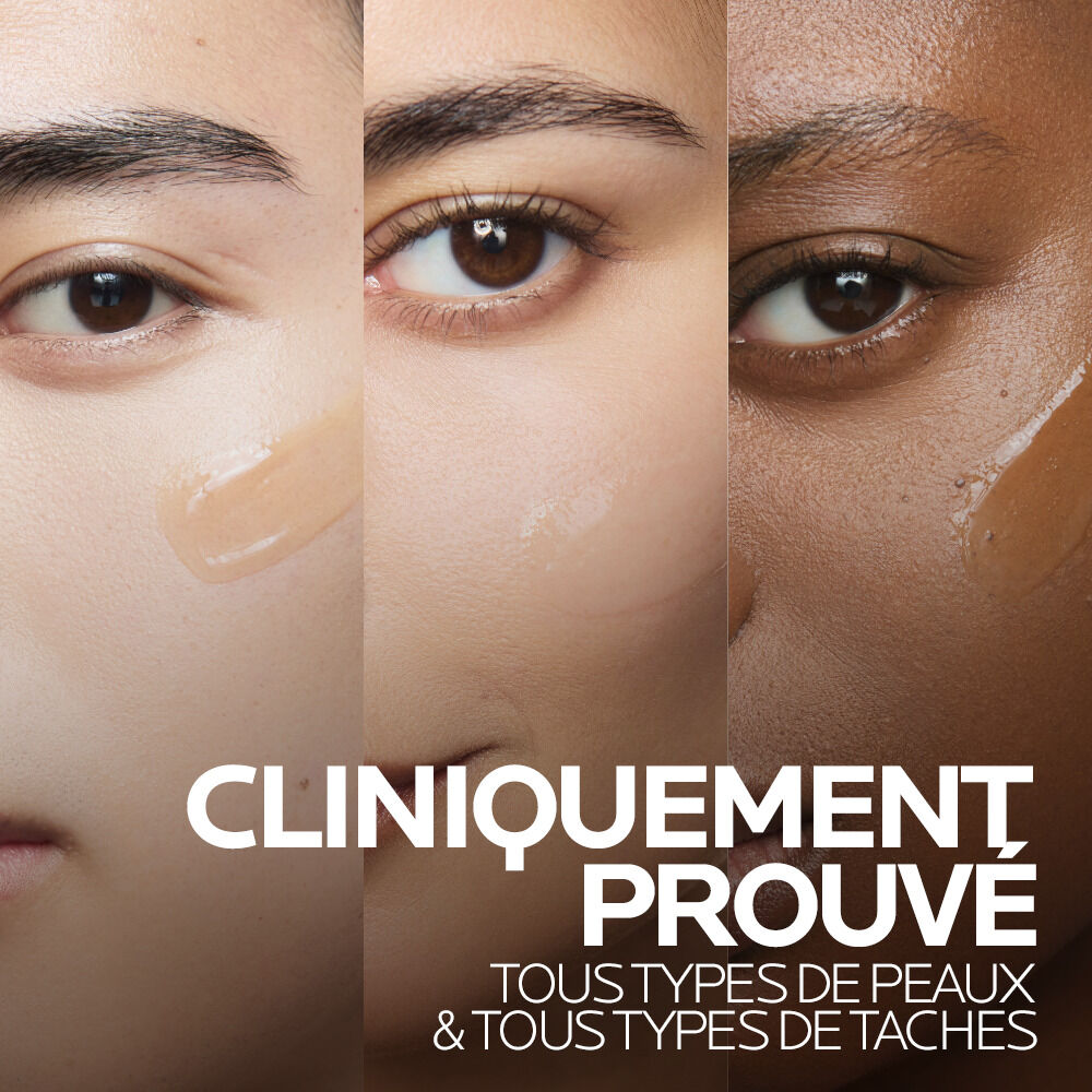 La Roche-Posay Mela B3, three faces with different skin tones and a headline in French
