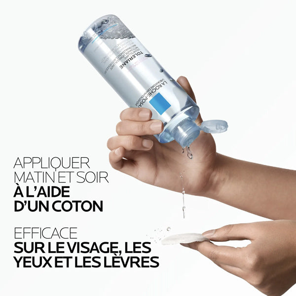 La Roche-Posay Micellar Water, hands pouring the bottle onto a cotton pad with directions in French