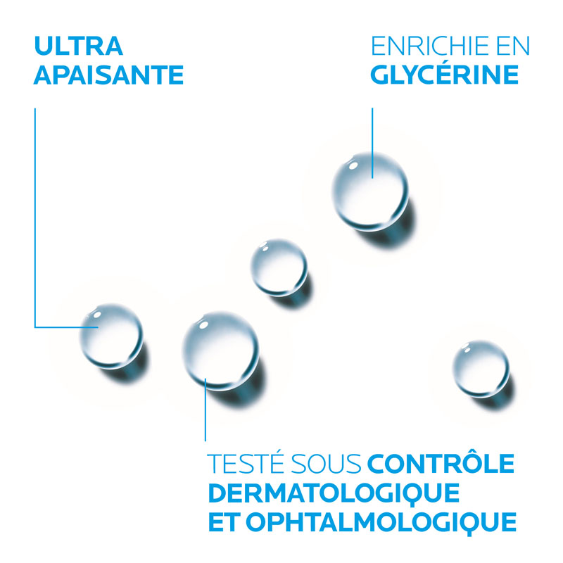 La Roche-Posay Micellar Water, water droplets with captions in French
