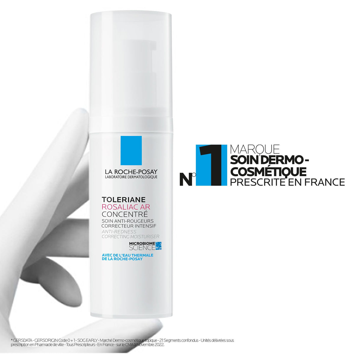 La Roche-Posay Toleriane Rosaliac AR, gloved hand holding the pump bottle