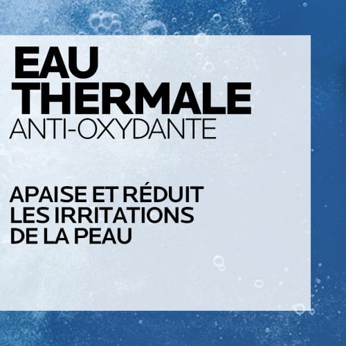 La Roche-Posay Thermal Spring Water, text panel on a blue water background in French