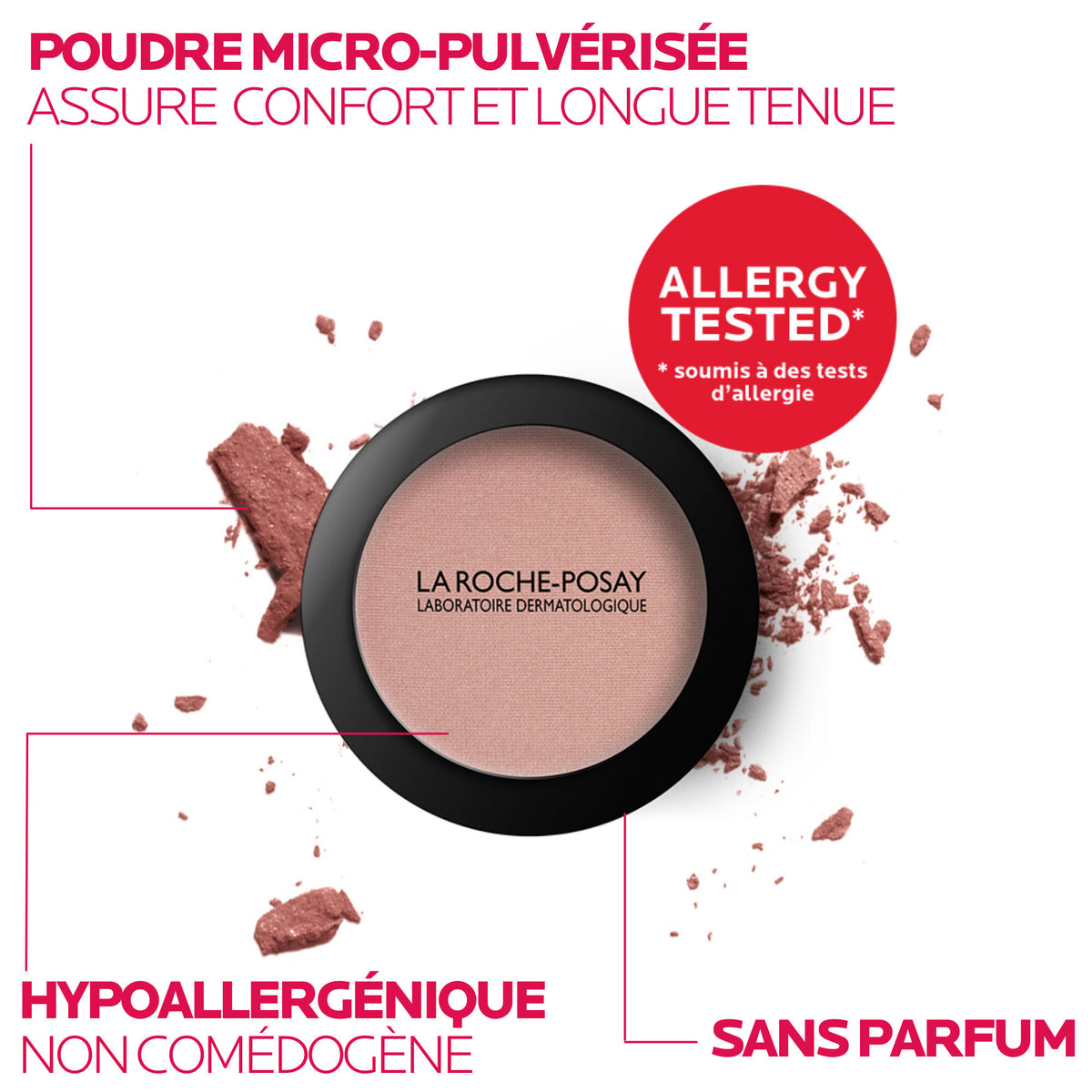 La Roche-Posay Toleriane, compact and crushed powder with callouts in French