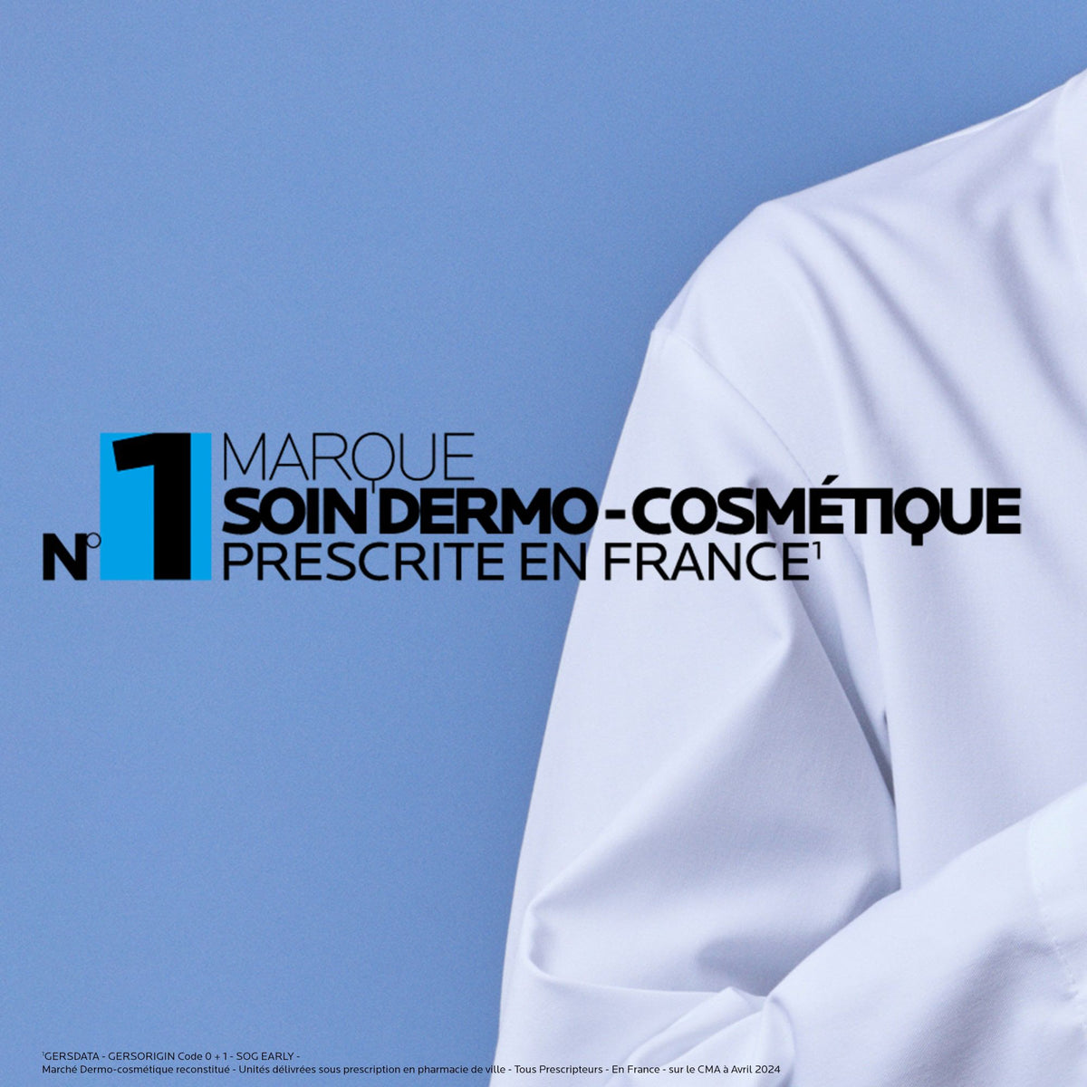 La Roche-Posay Toleriane Dermallergo, white coat shoulder with a brand claim in French
