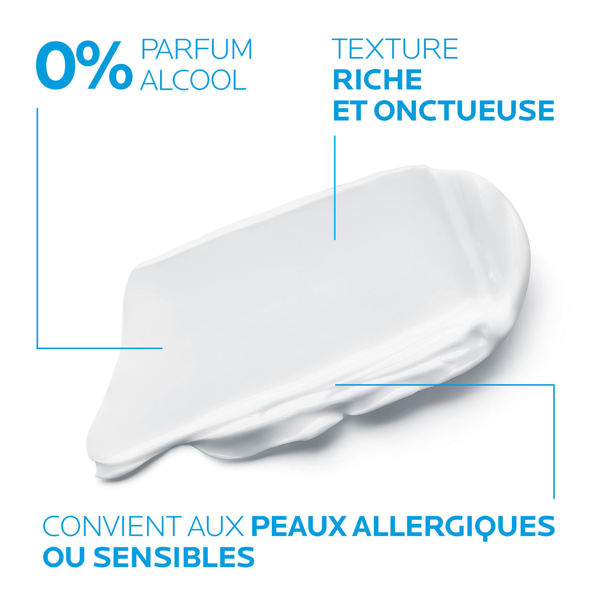 La Roche-Posay Toleriane Dermallergo, cream texture swatch with callouts in French