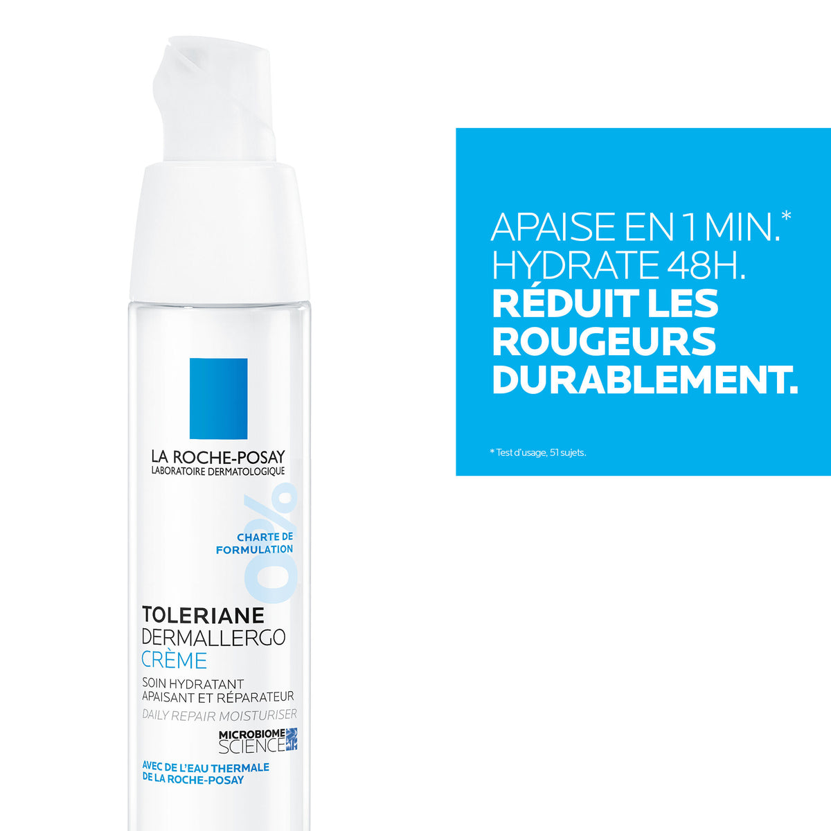 La Roche-Posay Toleriane Dermallergo, pump bottle with a blue claim panel in French