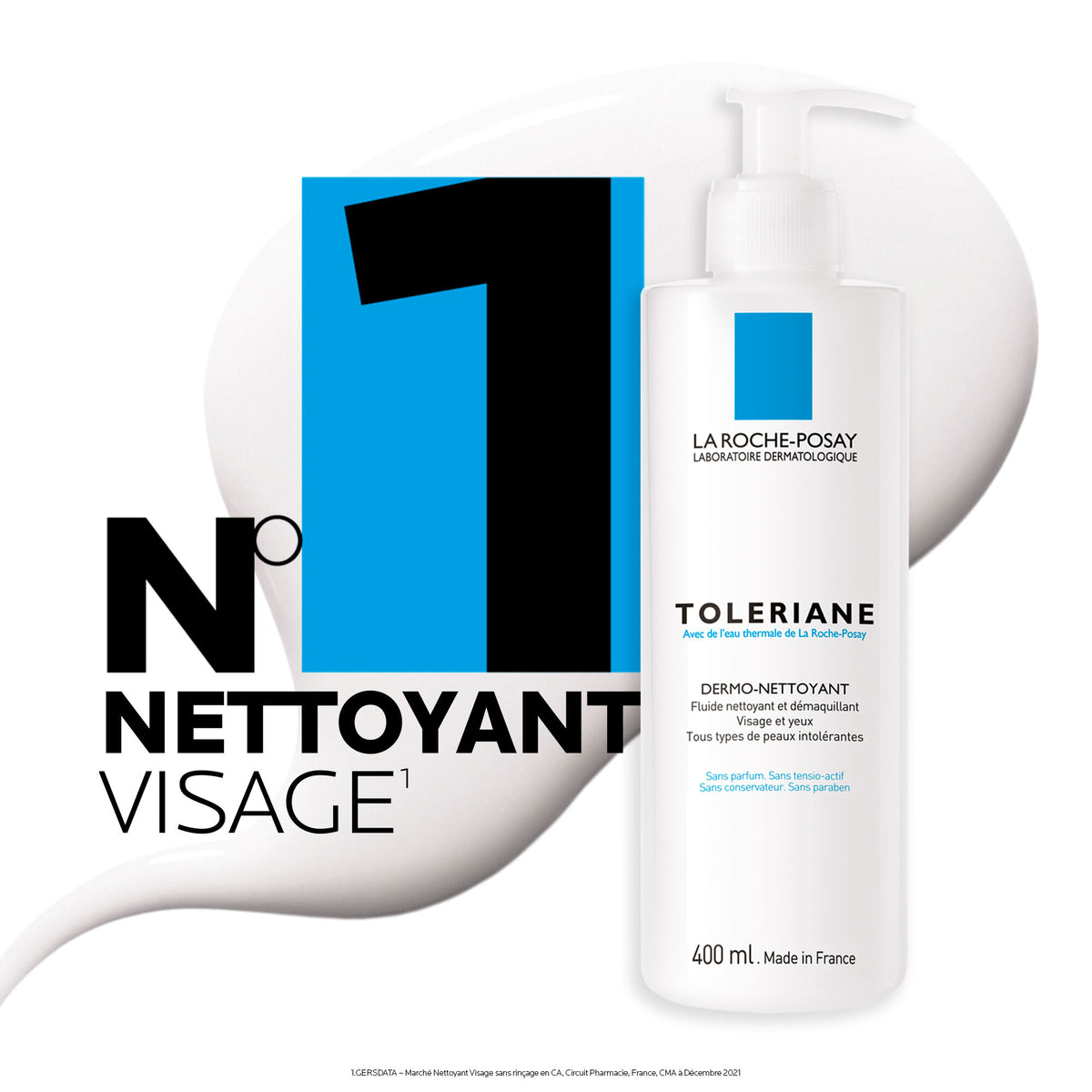 La Roche-Posay Tolériane, pump bottle and fluid swatch with a brand claim in French