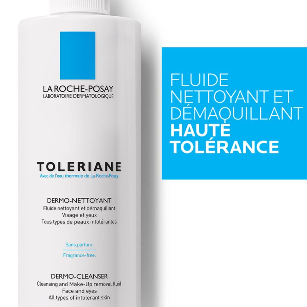 La Roche-Posay Tolériane, close-up of the bottle with a blue panel in French