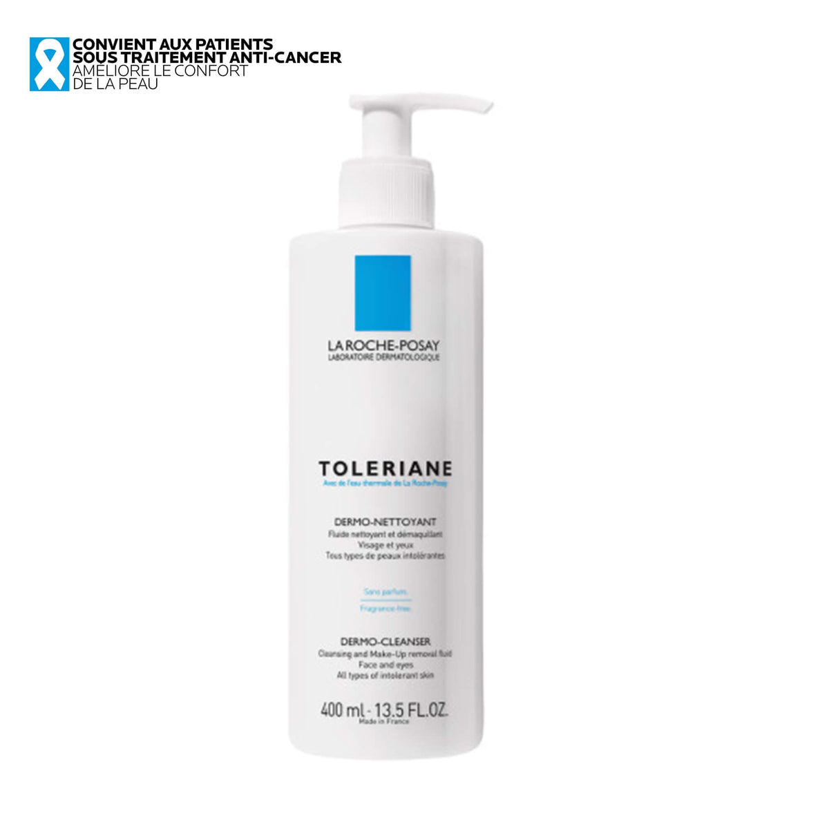La Roche-Posay Tolériane 400ml, front of the pump bottle with a ribbon logo