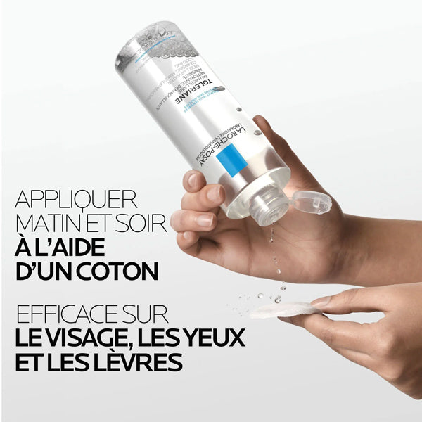 La Roche-Posay Tolériane, hand tipping the bottle onto a cotton pad with directions in French