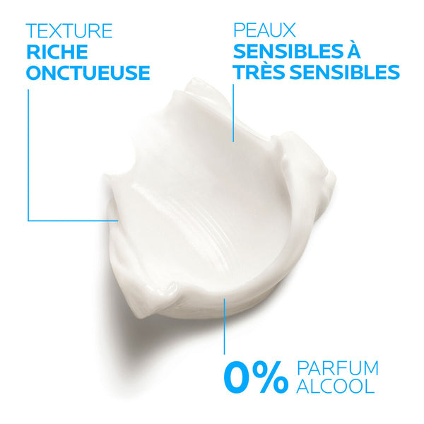 La Roche-Posay Toleriane Sensitive, cream swatch with texture callouts in French