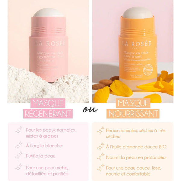 La Rosée Regenerating Mask Stick, pink regenerating and orange nourishing sticks compared in French