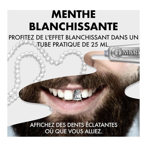 Marvis Whitening Mint, bearded man smiling beside the tube, text in French