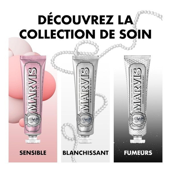 Marvis Whitening Mint, range of three tubes with captions in French