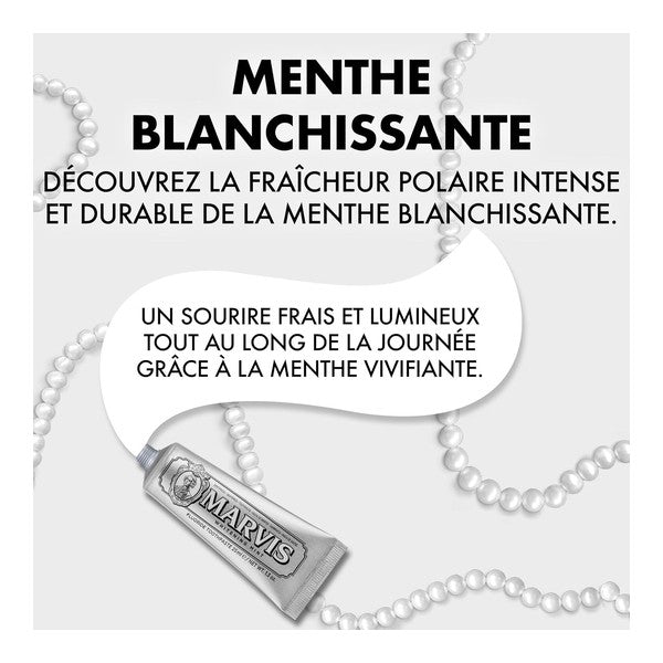 Marvis Whitening Mint, tube among pearl strands with text in French