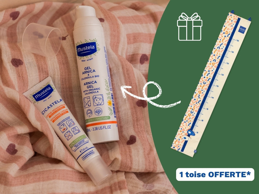 Mustela Arnica and Calendula Gel, bottle and Cicastela tube with a height chart offer in French
