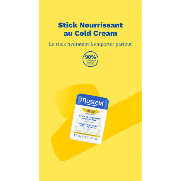 Mustela Cold Cream, stick on a yellow background with a headline in French